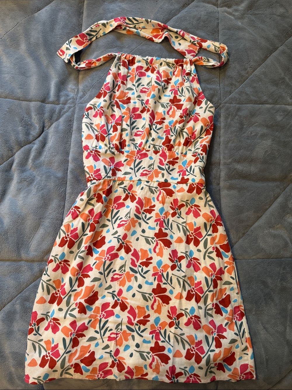 Floral Halter Sundress in Cream with Red & Pink Accents
